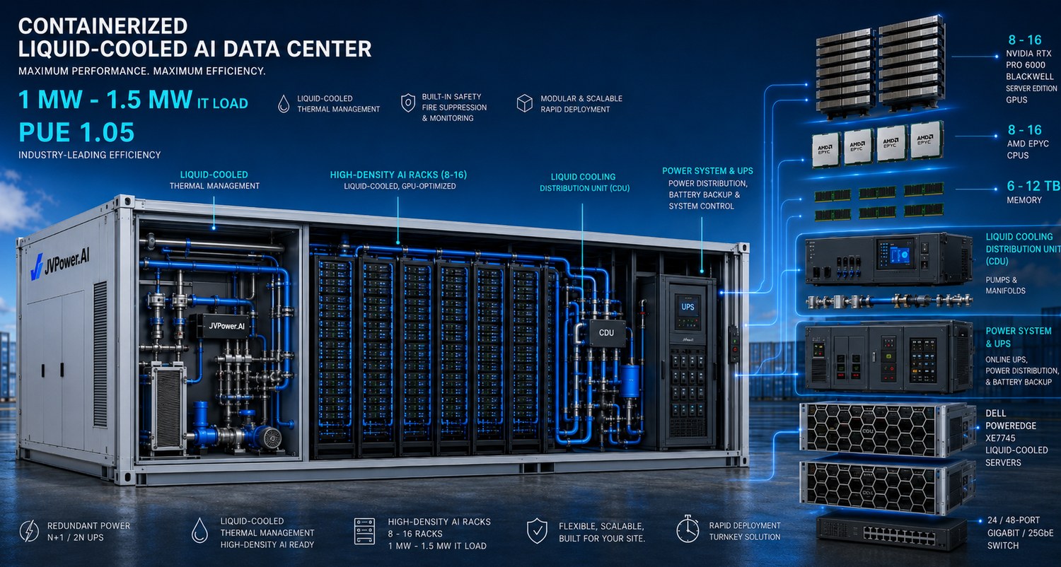 Cutaway of a JVPower containerized, liquid-cooled AI data center showing high-density GPU racks, cooling distribution and power systems.
