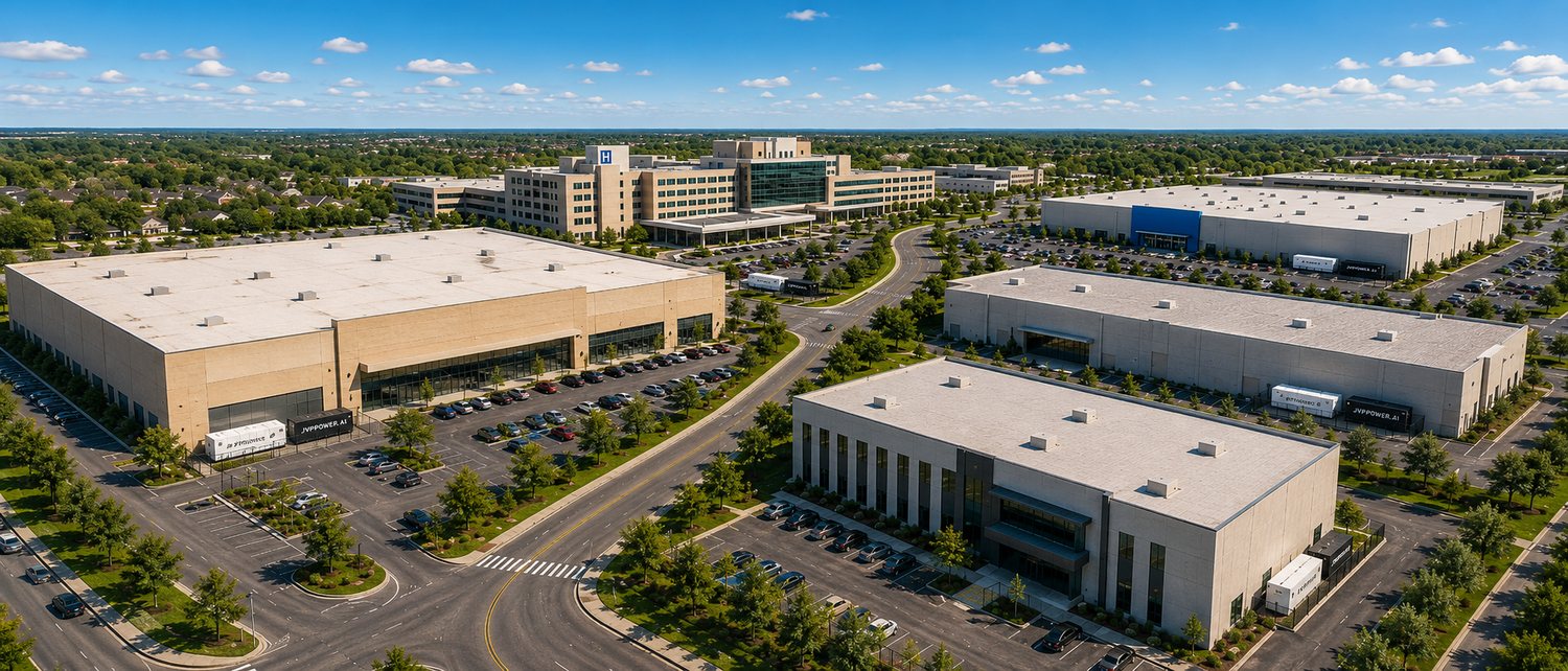 Aerial view of a commercial & industrial business park — JVPower's energized host sites.
